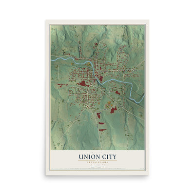 Map of Union City, Pennsylvania, 12 x 18 inch unframed archival matte print