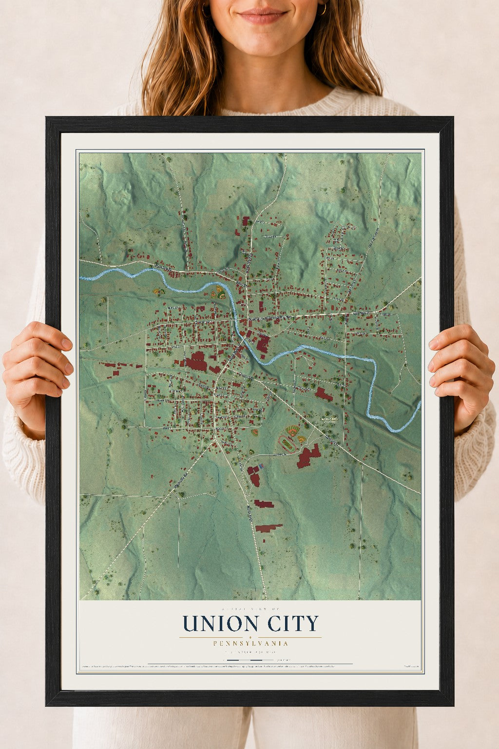 Map of Union City, Pennsylvania, 18 x 24 inch print in a black wood frame
