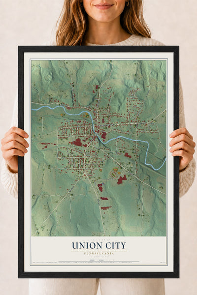 Map of Union City, Pennsylvania, 18 x 24 inch print in a black wood frame