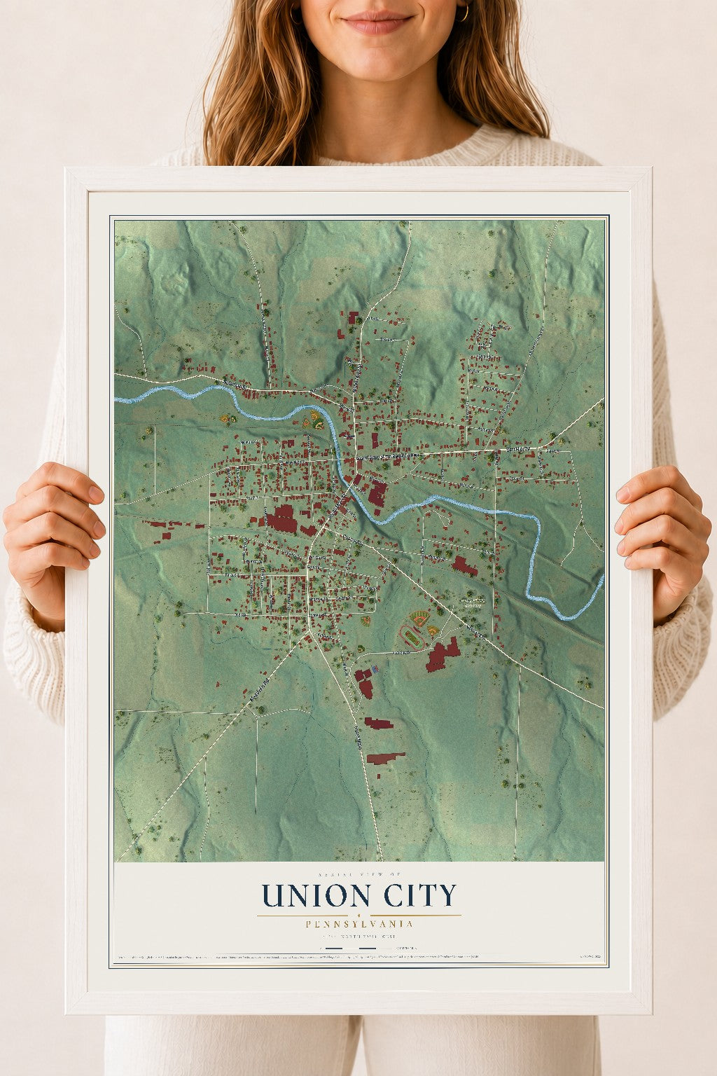 Map of Union City, Pennsylvania, 18 x 24 inch print in a white wood frame