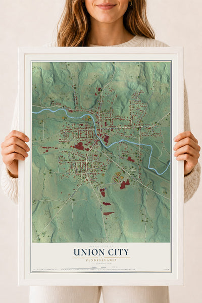 Map of Union City, Pennsylvania, 18 x 24 inch print in a white wood frame