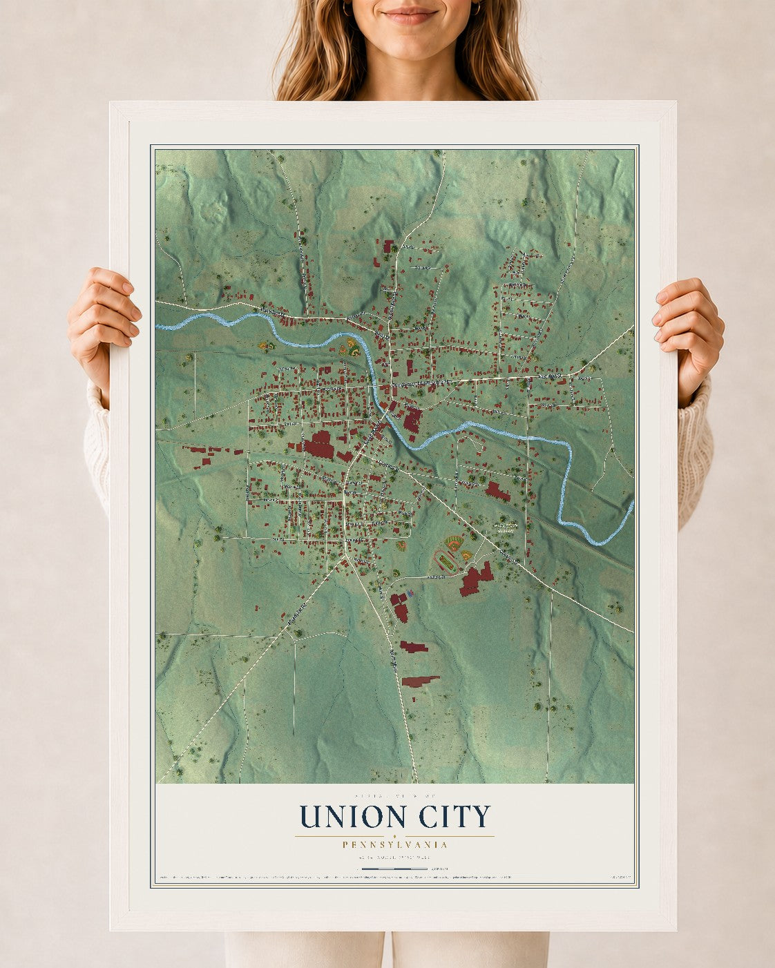 Map of Union City, Pennsylvania, 24 x 36 inch print in a white wood frame