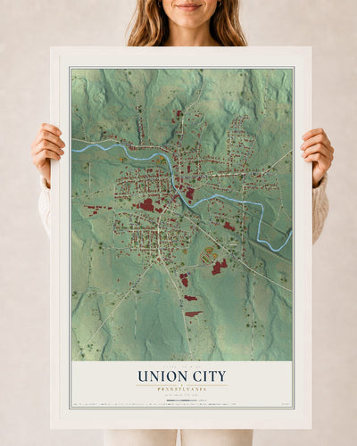 Map of Union City, Pennsylvania, 24 x 36 inch print in a white wood frame
