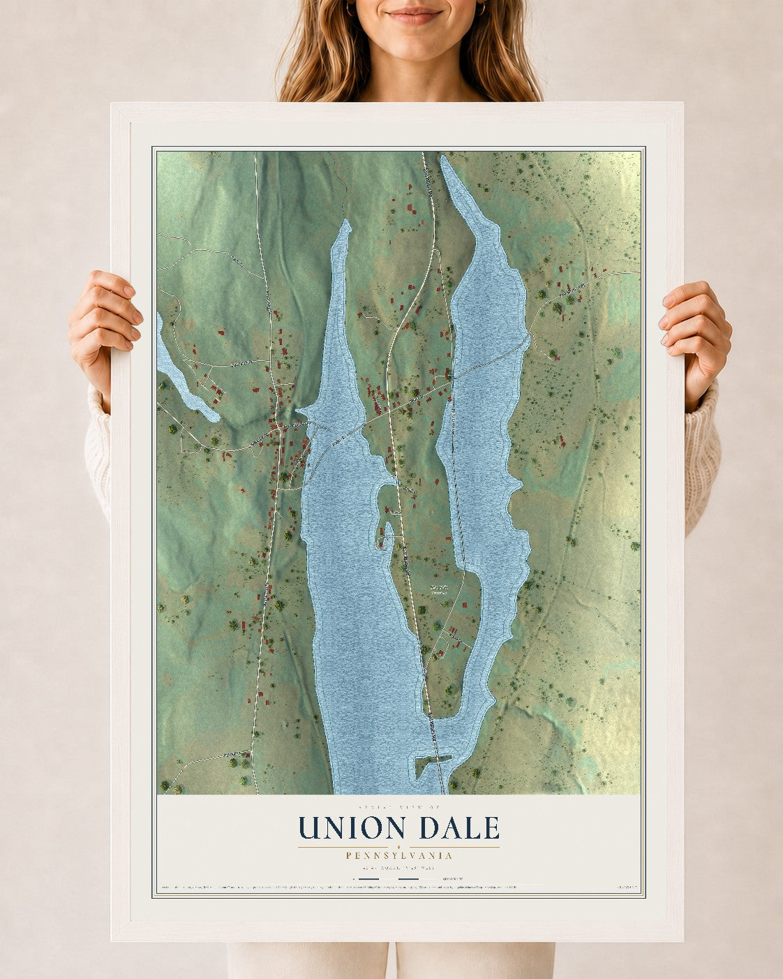 Map of Union Dale, Pennsylvania, 24 x 36 inch print in a white wood frame