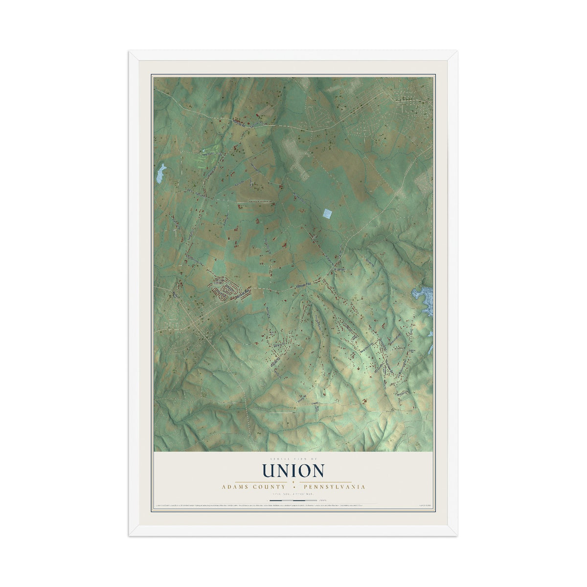 Map of Union, Adams County, Pennsylvania, 12 x 18 inch print in a white wood frame