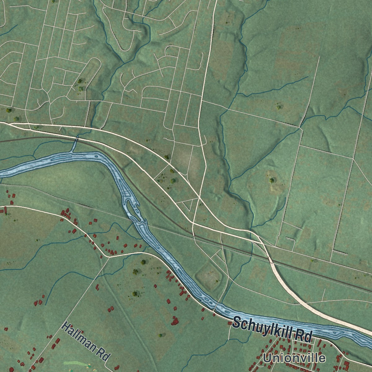 Second close-up of the map of Union, Berks County, Pennsylvania print showing more streets and buildings