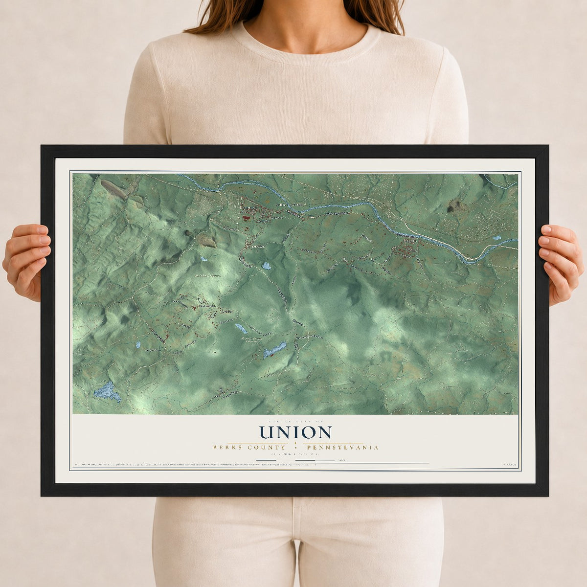 Map of Union, Berks County, Pennsylvania, 12 x 18 inch print in a black wood frame