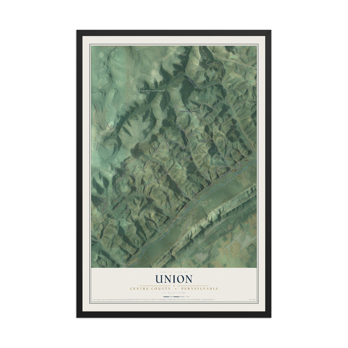 Map of Union, Centre County, Pennsylvania, 12 x 18 inch print in a black wood frame
