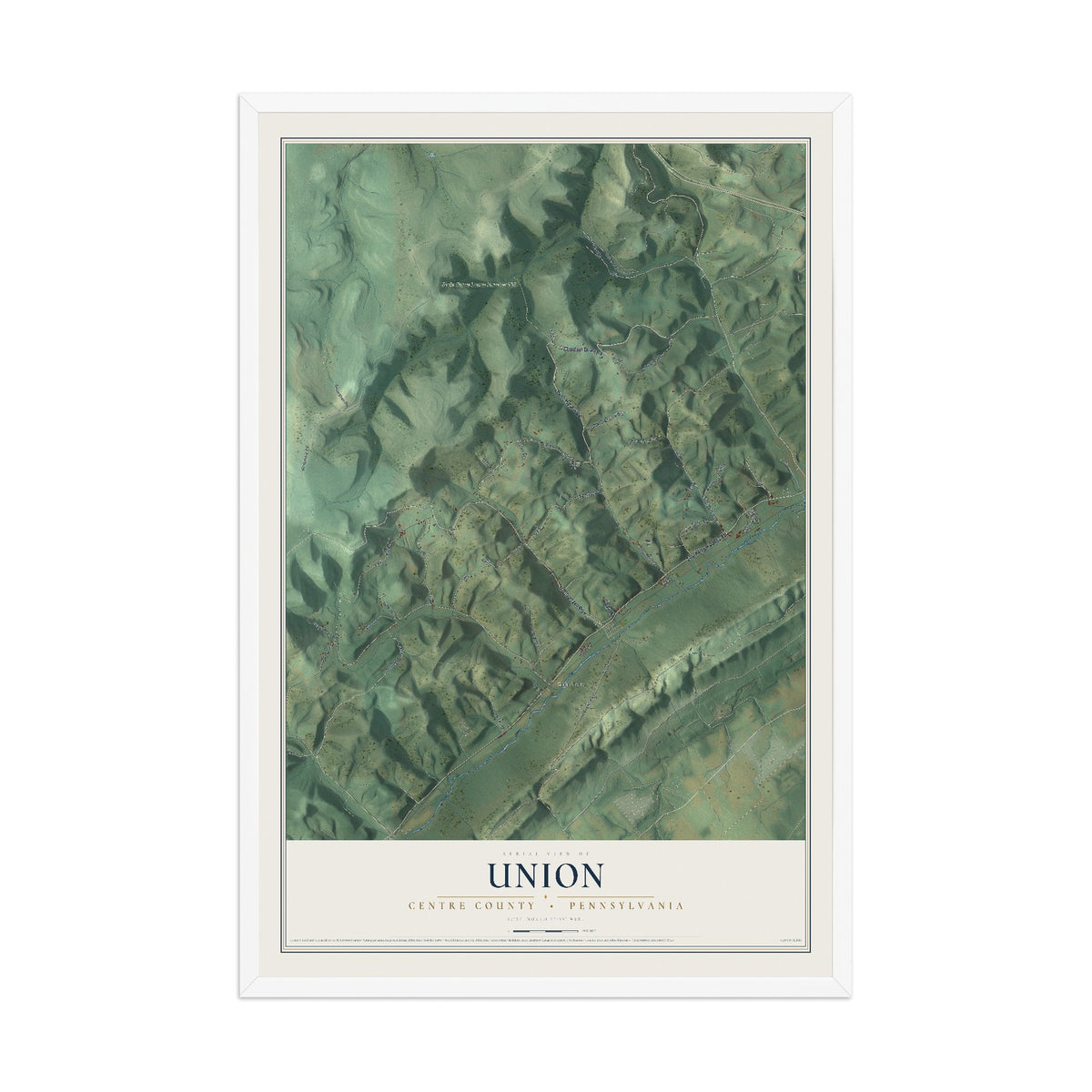 Map of Union, Centre County, Pennsylvania, 12 x 18 inch print in a white wood frame