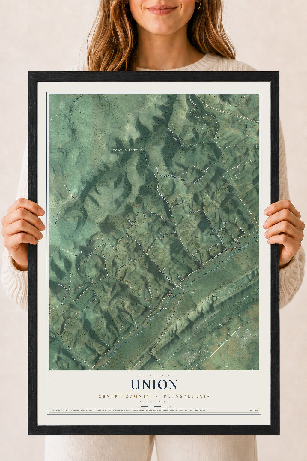 Map of Union, Centre County, Pennsylvania, 18 x 24 inch print in a black wood frame