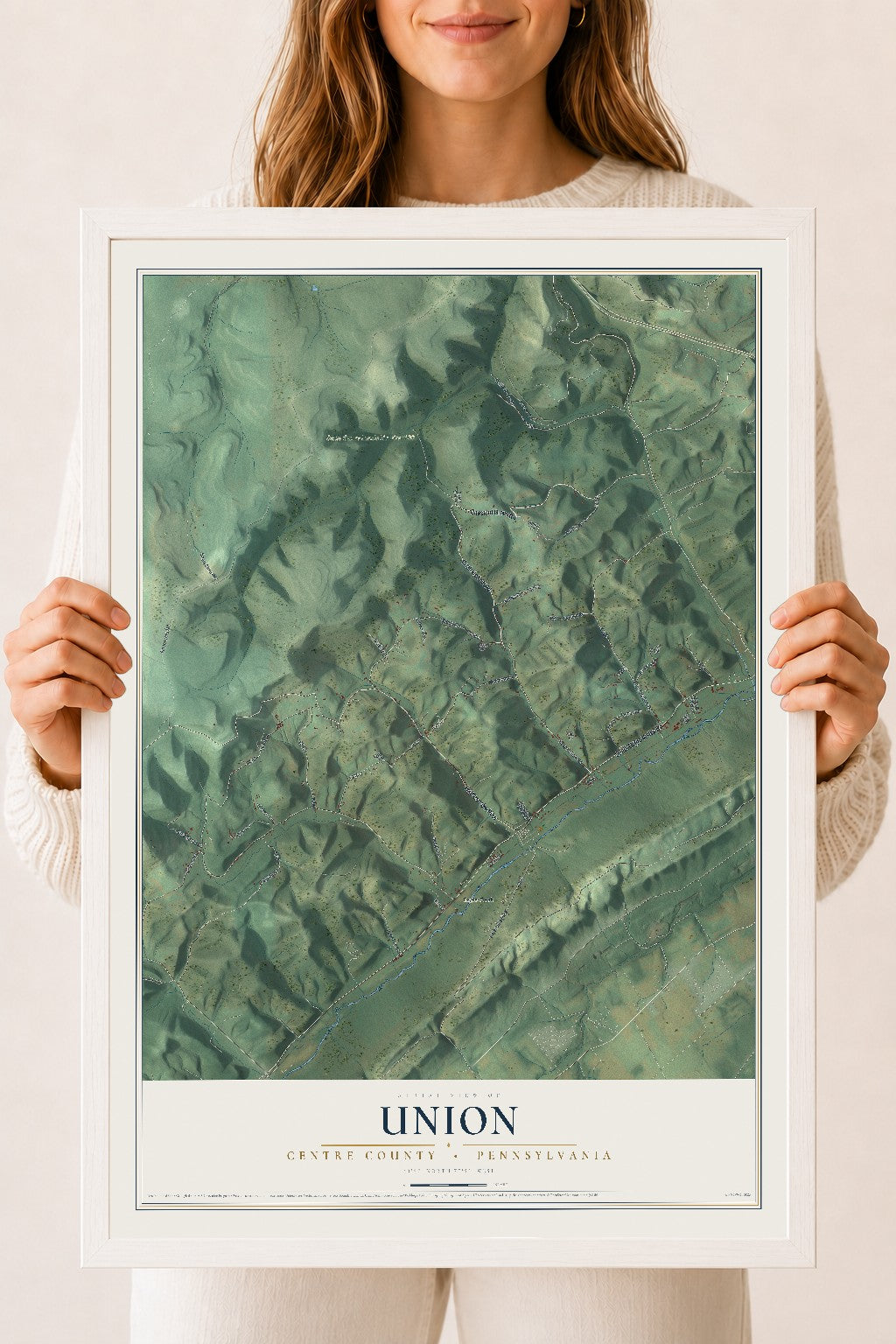 Map of Union, Centre County, Pennsylvania, 18 x 24 inch print in a white wood frame