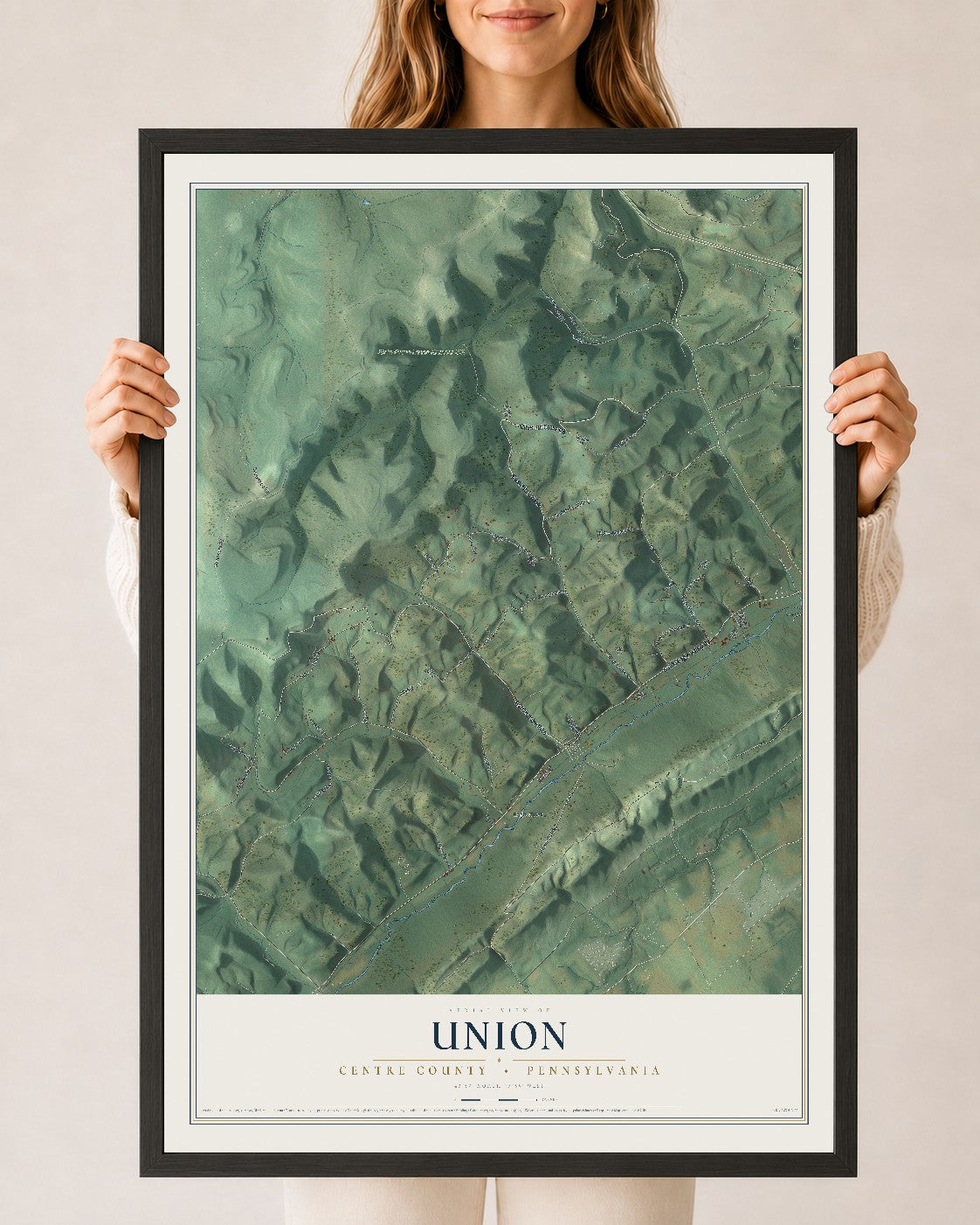 Map of Union, Centre County, Pennsylvania, 24 x 36 inch print in a black wood frame