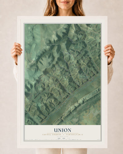 Map of Union, Centre County, Pennsylvania, 24 x 36 inch print in a white wood frame