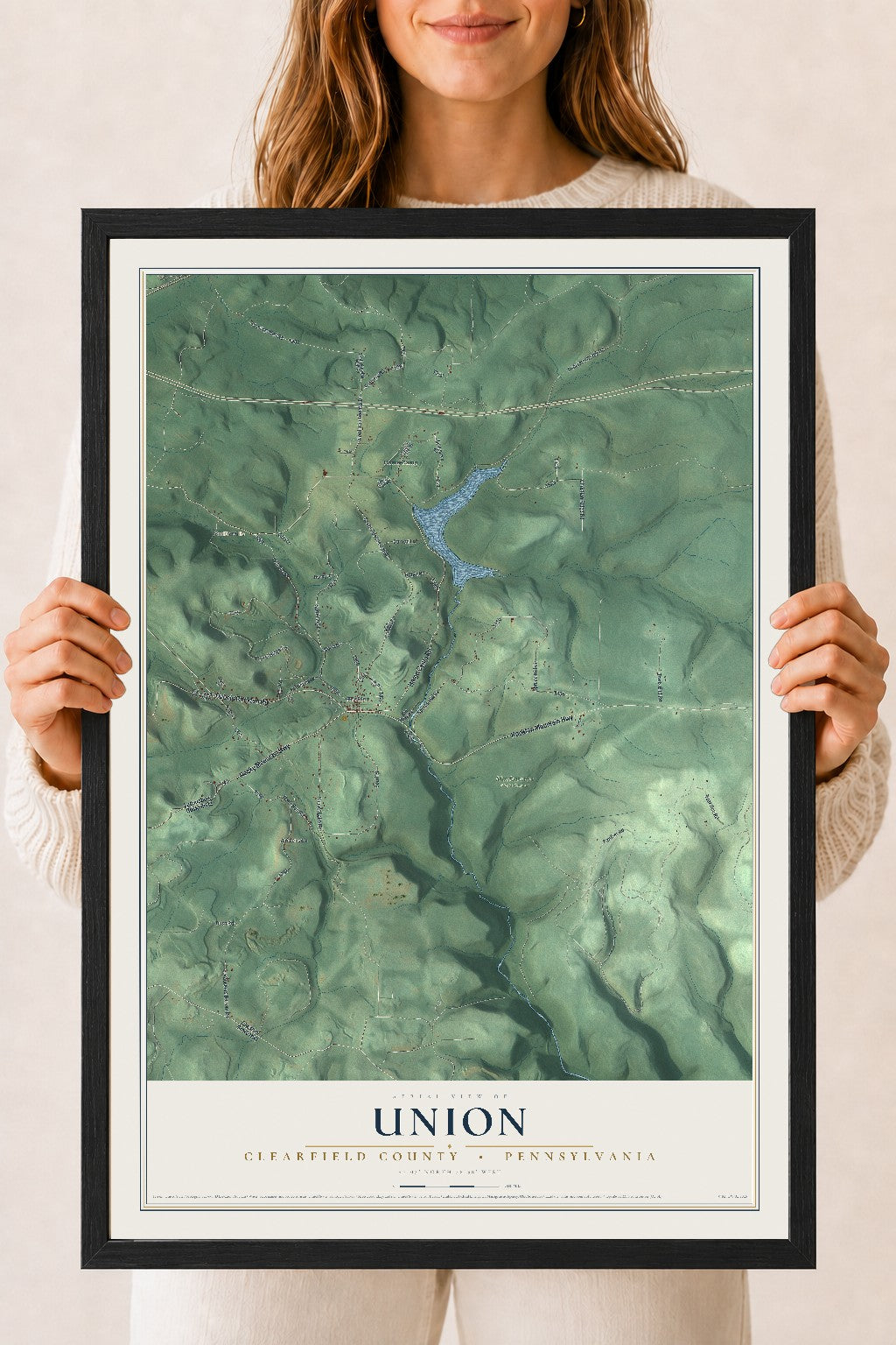 Map of Union, Clearfield County, Pennsylvania, 18 x 24 inch print in a black wood frame