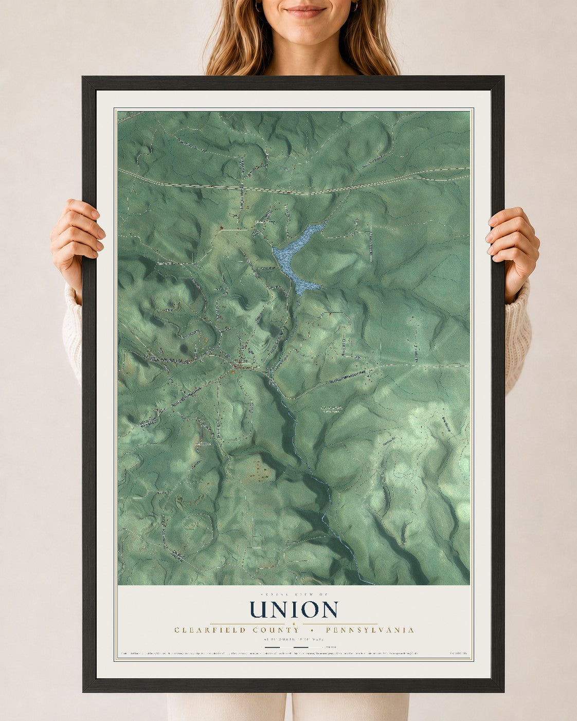 Map of Union, Clearfield County, Pennsylvania, 24 x 36 inch print in a black wood frame