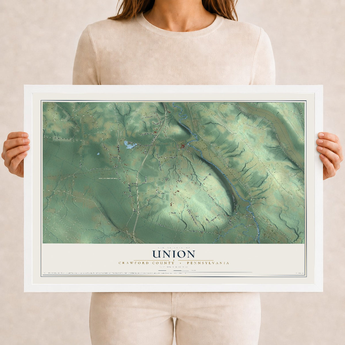 Map of Union, Crawford County, Pennsylvania, 12 x 18 inch print in a white wood frame