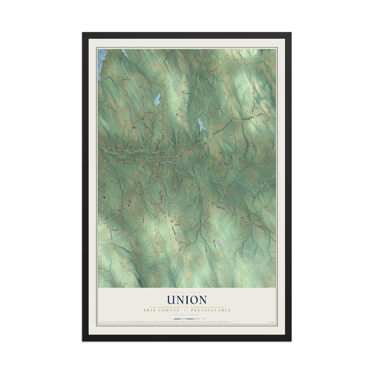 Map of Union, Erie County, Pennsylvania, 12 x 18 inch print in a black wood frame