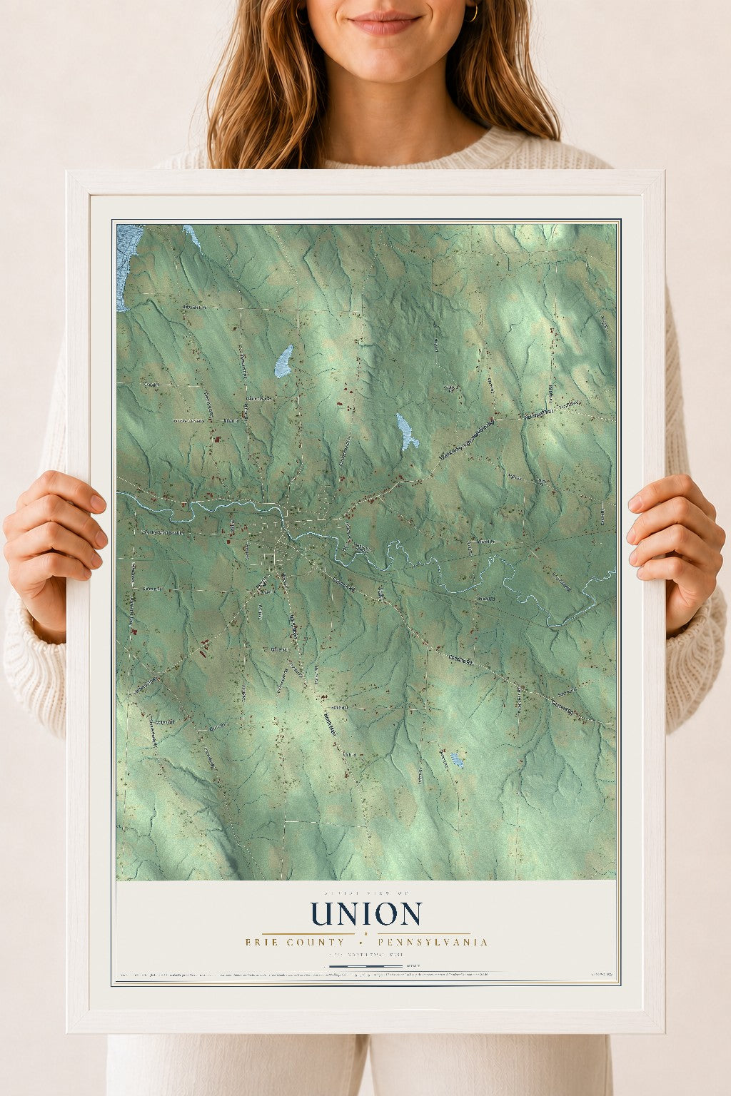 Map of Union, Erie County, Pennsylvania, 18 x 24 inch print in a white wood frame