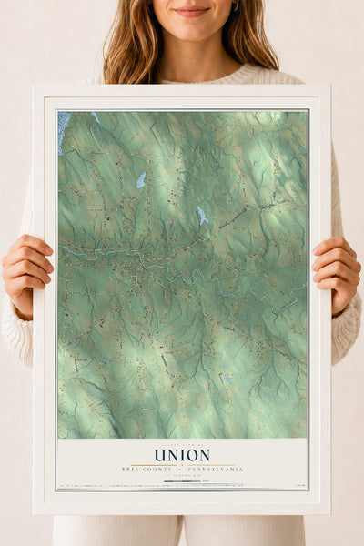 Map of Union, Erie County, Pennsylvania, 18 x 24 inch print in a white wood frame