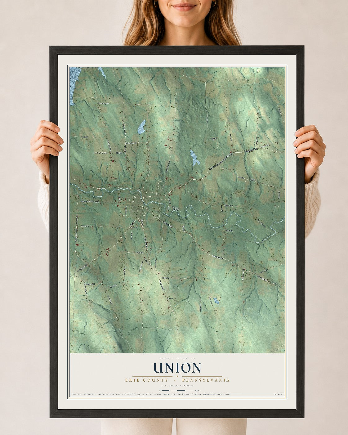 Map of Union, Erie County, Pennsylvania, 24 x 36 inch print in a black wood frame