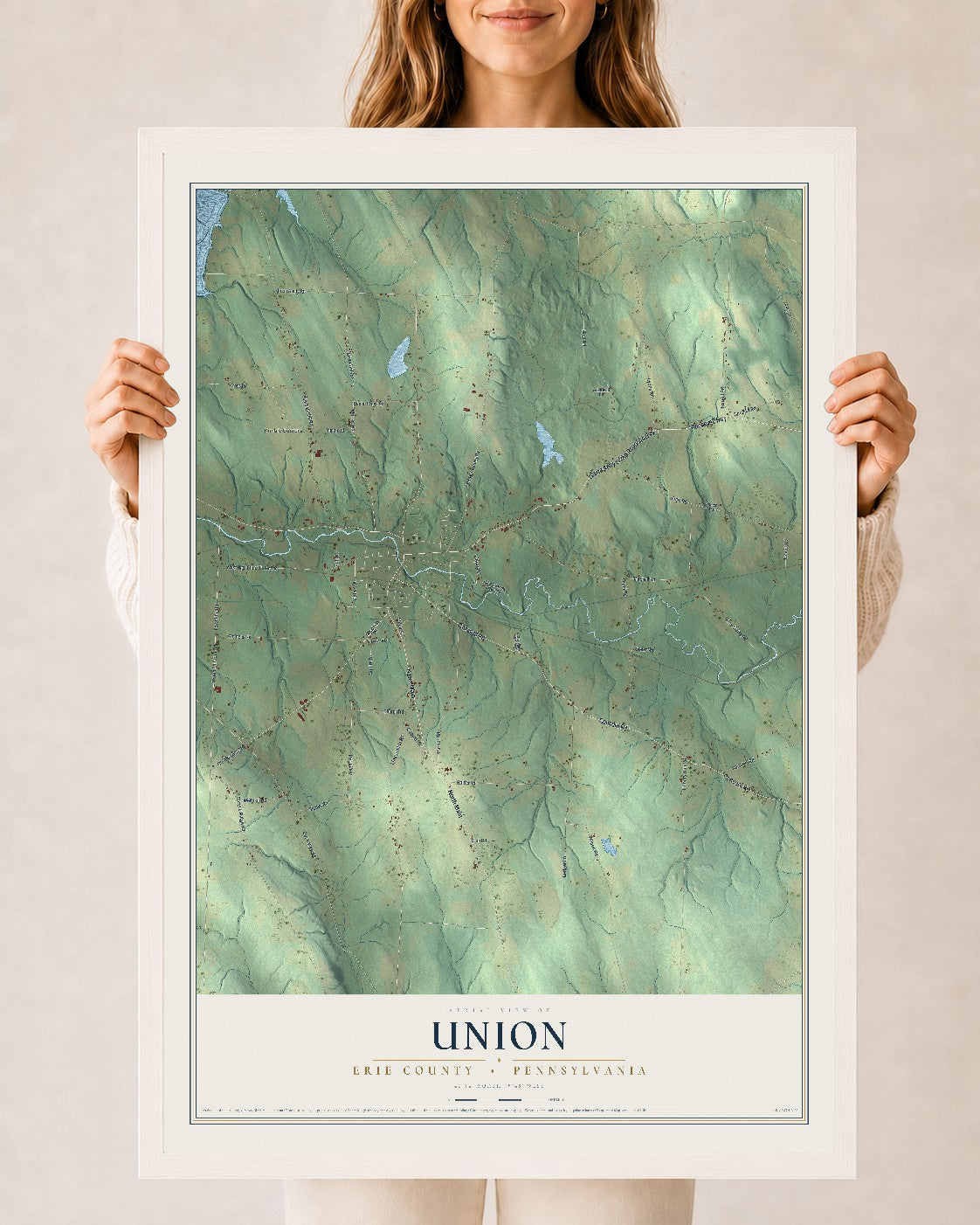 Map of Union, Erie County, Pennsylvania, 24 x 36 inch print in a white wood frame