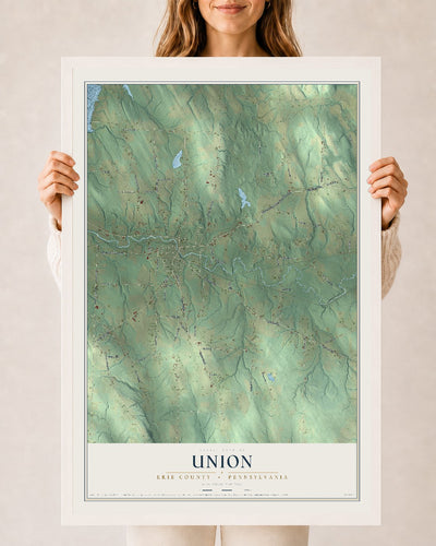 Map of Union, Erie County, Pennsylvania, 24 x 36 inch print in a white wood frame