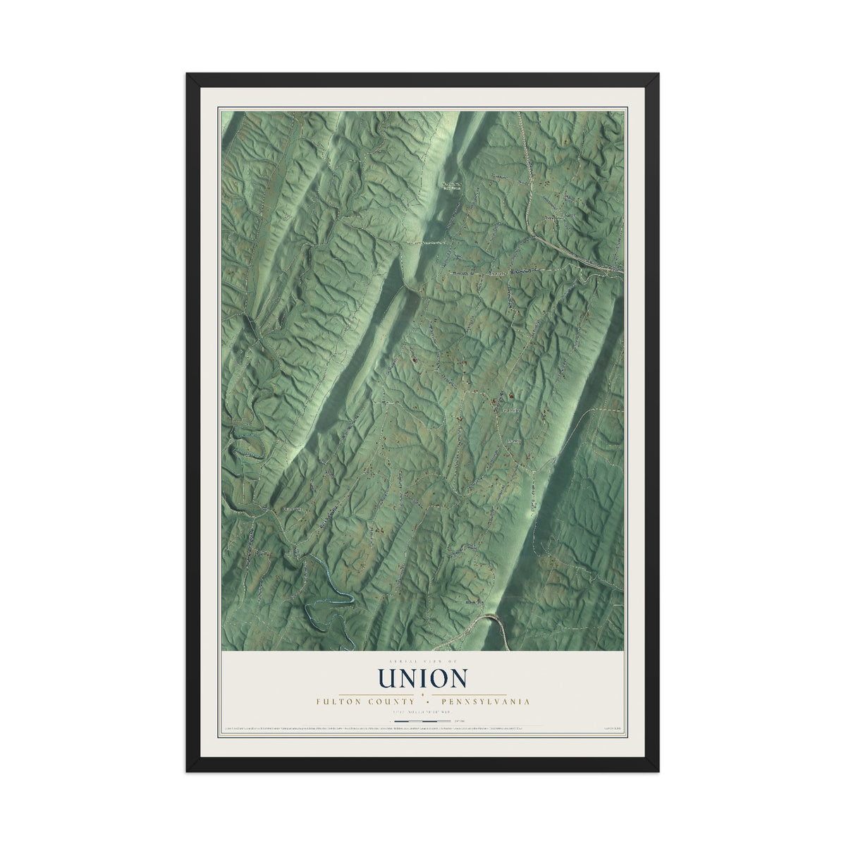 Map of Union, Fulton County, Pennsylvania, 12 x 18 inch print in a black wood frame