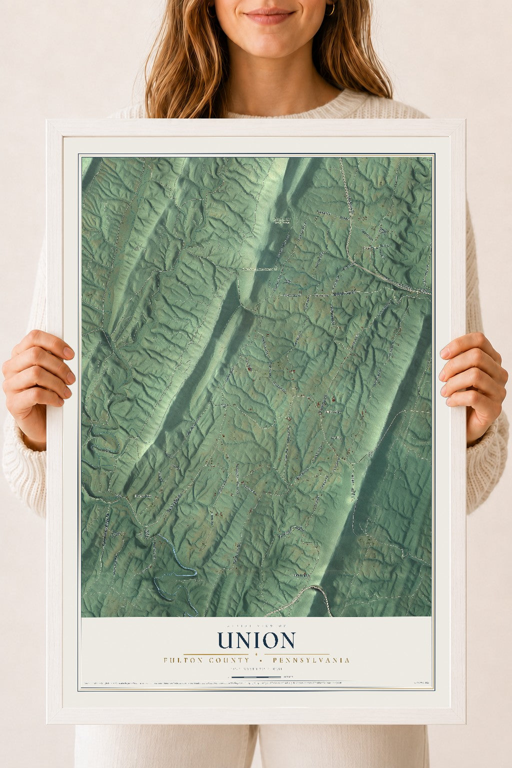 Map of Union, Fulton County, Pennsylvania, 18 x 24 inch print in a white wood frame