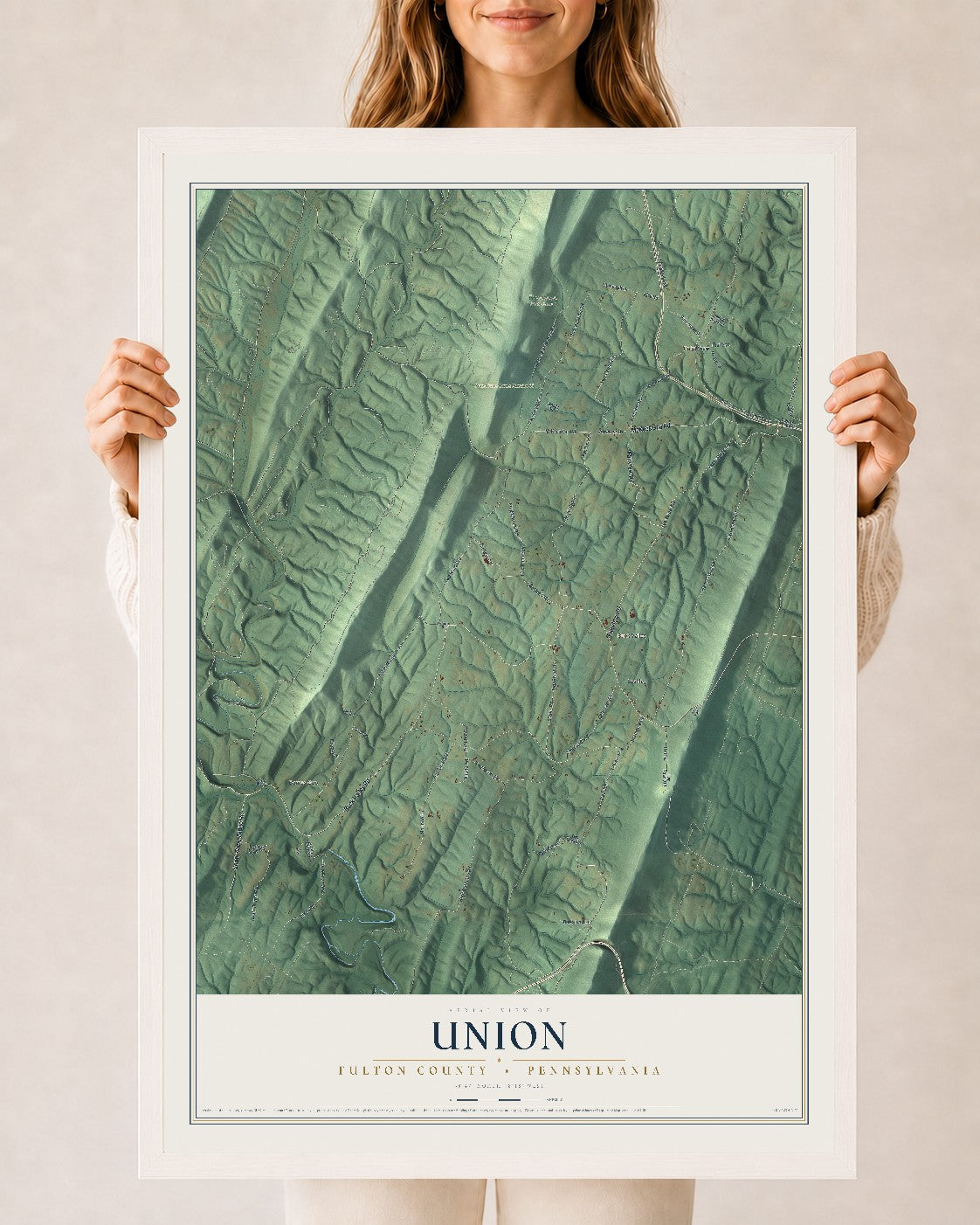 Map of Union, Fulton County, Pennsylvania, 24 x 36 inch print in a white wood frame