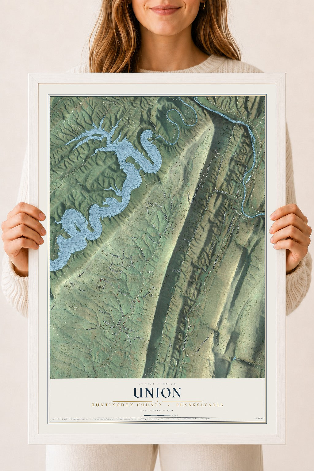 Map of Union, Huntingdon County, Pennsylvania, 18 x 24 inch print in a white wood frame
