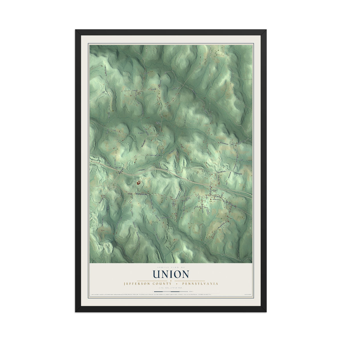 Map of Union, Jefferson County, Pennsylvania, 12 x 18 inch print in a black wood frame