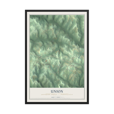 Map of Union, Jefferson County, Pennsylvania, 12 x 18 inch print in a black wood frame