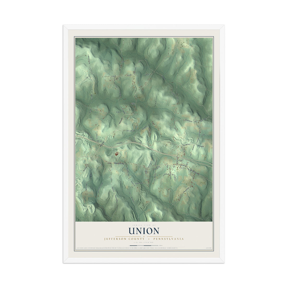 Map of Union, Jefferson County, Pennsylvania, 12 x 18 inch print in a white wood frame