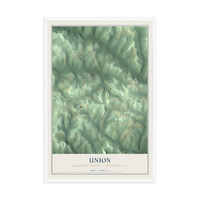 Map of Union, Jefferson County, Pennsylvania, 12 x 18 inch print in a white wood frame