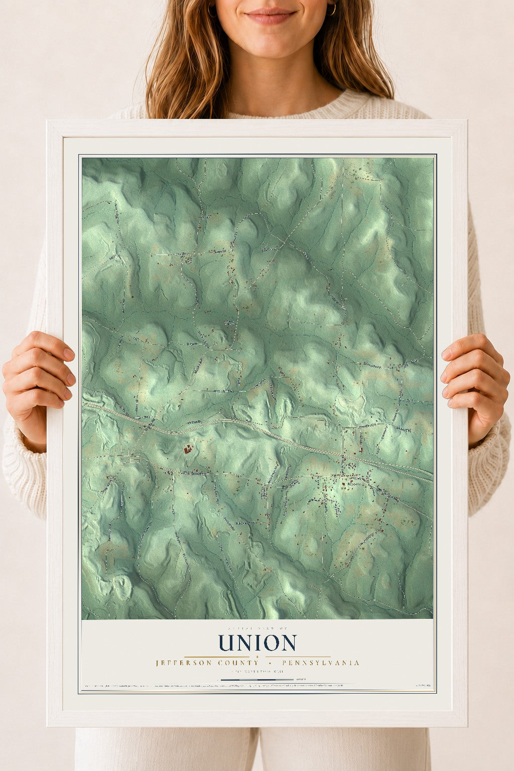 Map of Union, Jefferson County, Pennsylvania, 18 x 24 inch print in a white wood frame