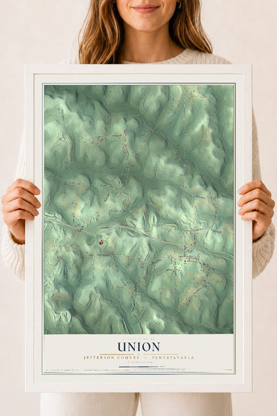 Map of Union, Jefferson County, Pennsylvania, 18 x 24 inch print in a white wood frame