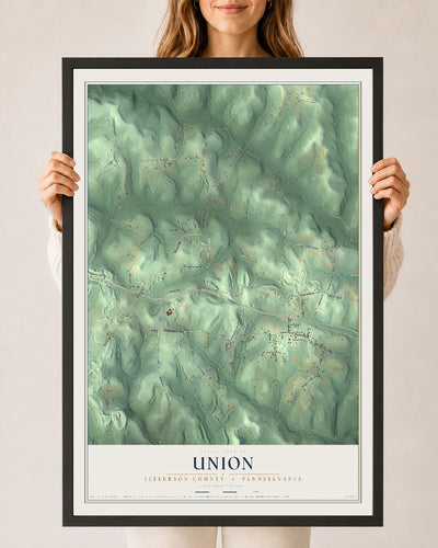 Map of Union, Jefferson County, Pennsylvania, 24 x 36 inch print in a black wood frame