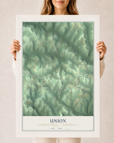 Map of Union, Jefferson County, Pennsylvania, 24 x 36 inch print in a white wood frame