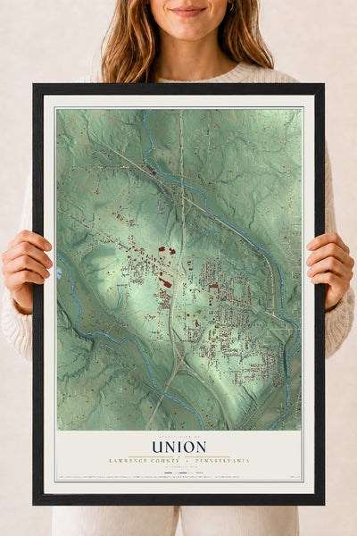 Map of Union, Lawrence County, Pennsylvania, 18 x 24 inch print in a black wood frame