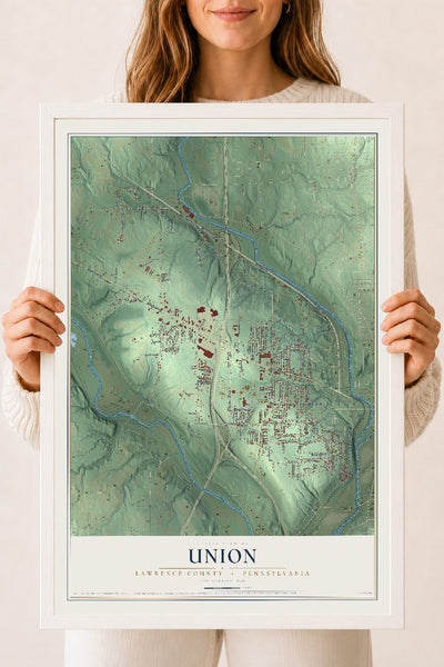 Map of Union, Lawrence County, Pennsylvania, 18 x 24 inch print in a white wood frame