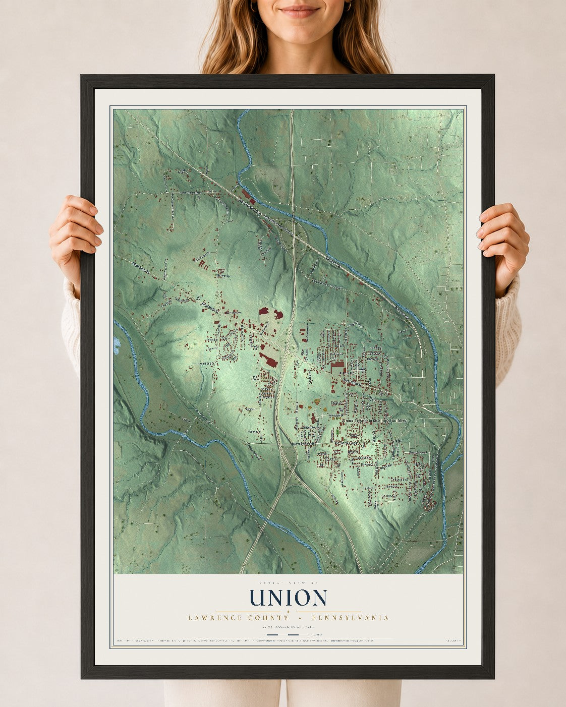 Map of Union, Lawrence County, Pennsylvania, 24 x 36 inch print in a black wood frame
