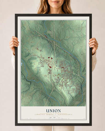 Map of Union, Lawrence County, Pennsylvania, 24 x 36 inch print in a black wood frame