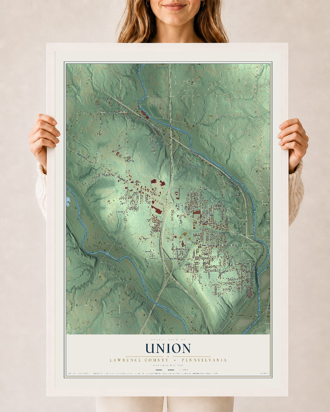 Map of Union, Lawrence County, Pennsylvania, 24 x 36 inch print in a white wood frame