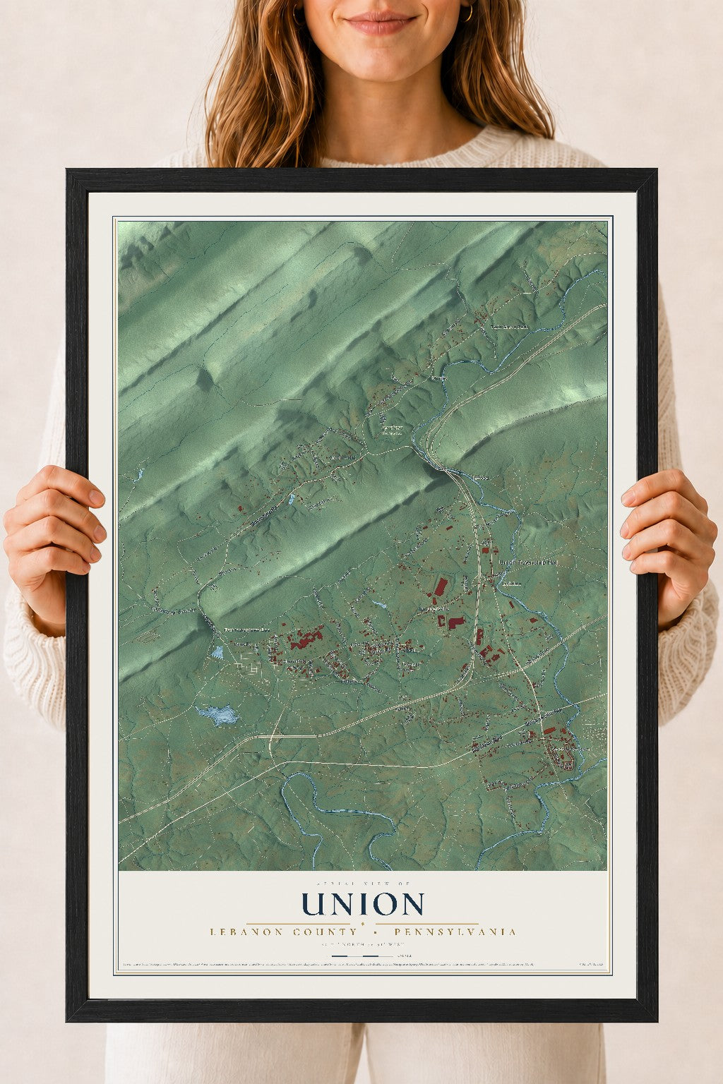 Map of Union, Lebanon County, Pennsylvania, 18 x 24 inch print in a black wood frame