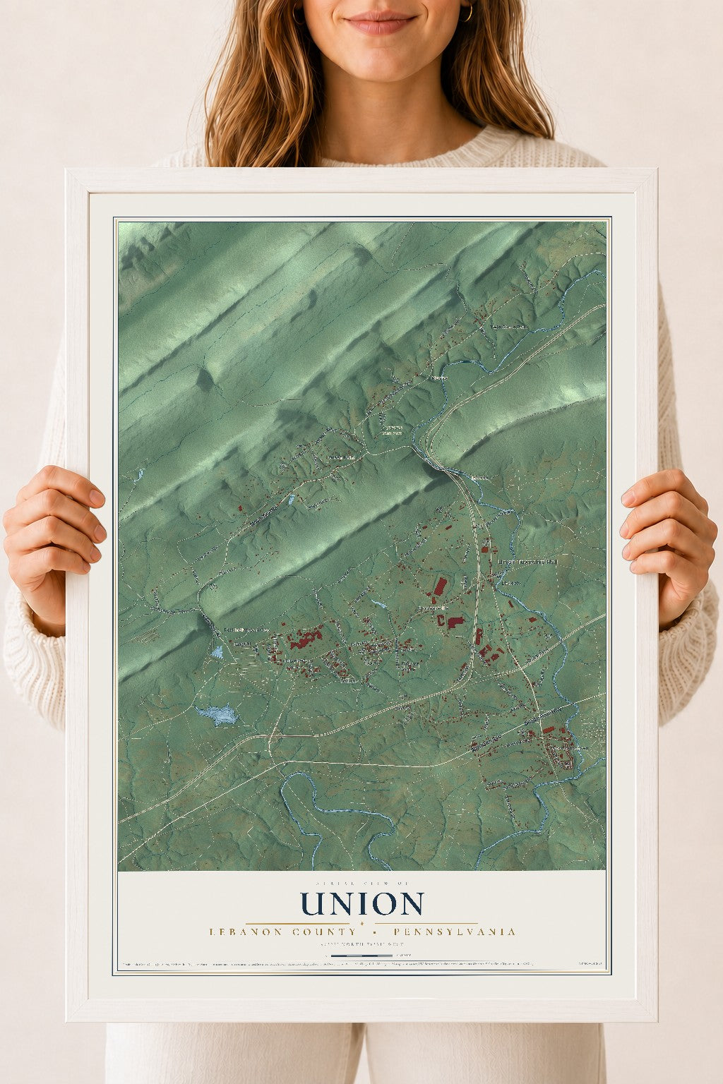 Map of Union, Lebanon County, Pennsylvania, 18 x 24 inch print in a white wood frame