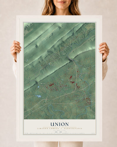Map of Union, Lebanon County, Pennsylvania, 24 x 36 inch print in a white wood frame