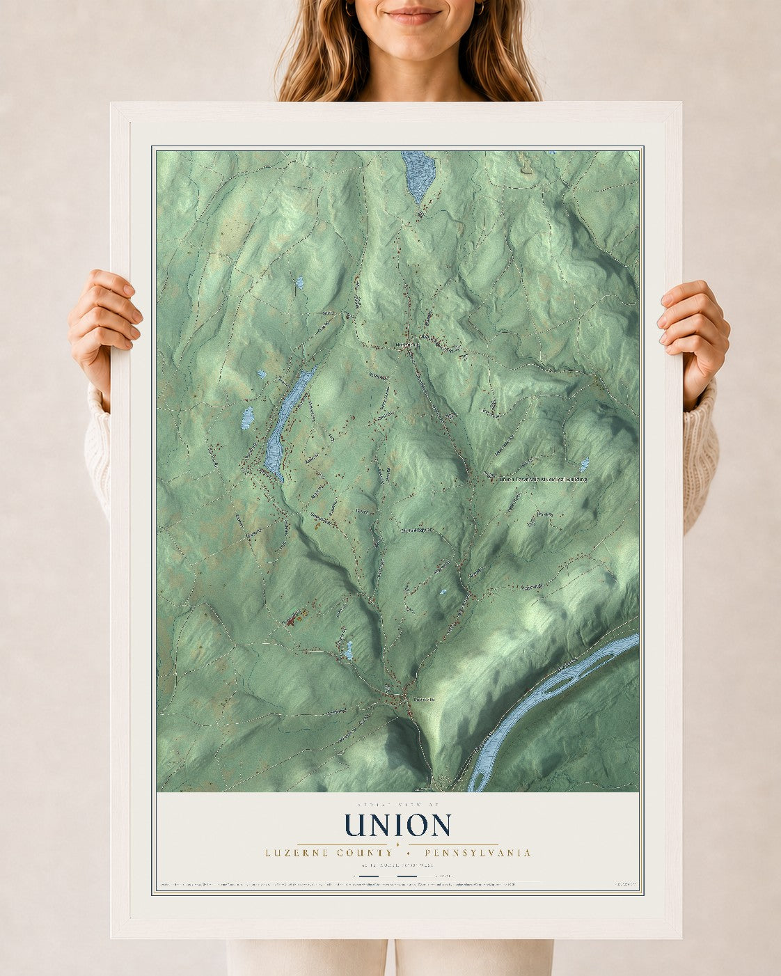 Map of Union, Luzerne County, Pennsylvania, 24 x 36 inch print in a white wood frame