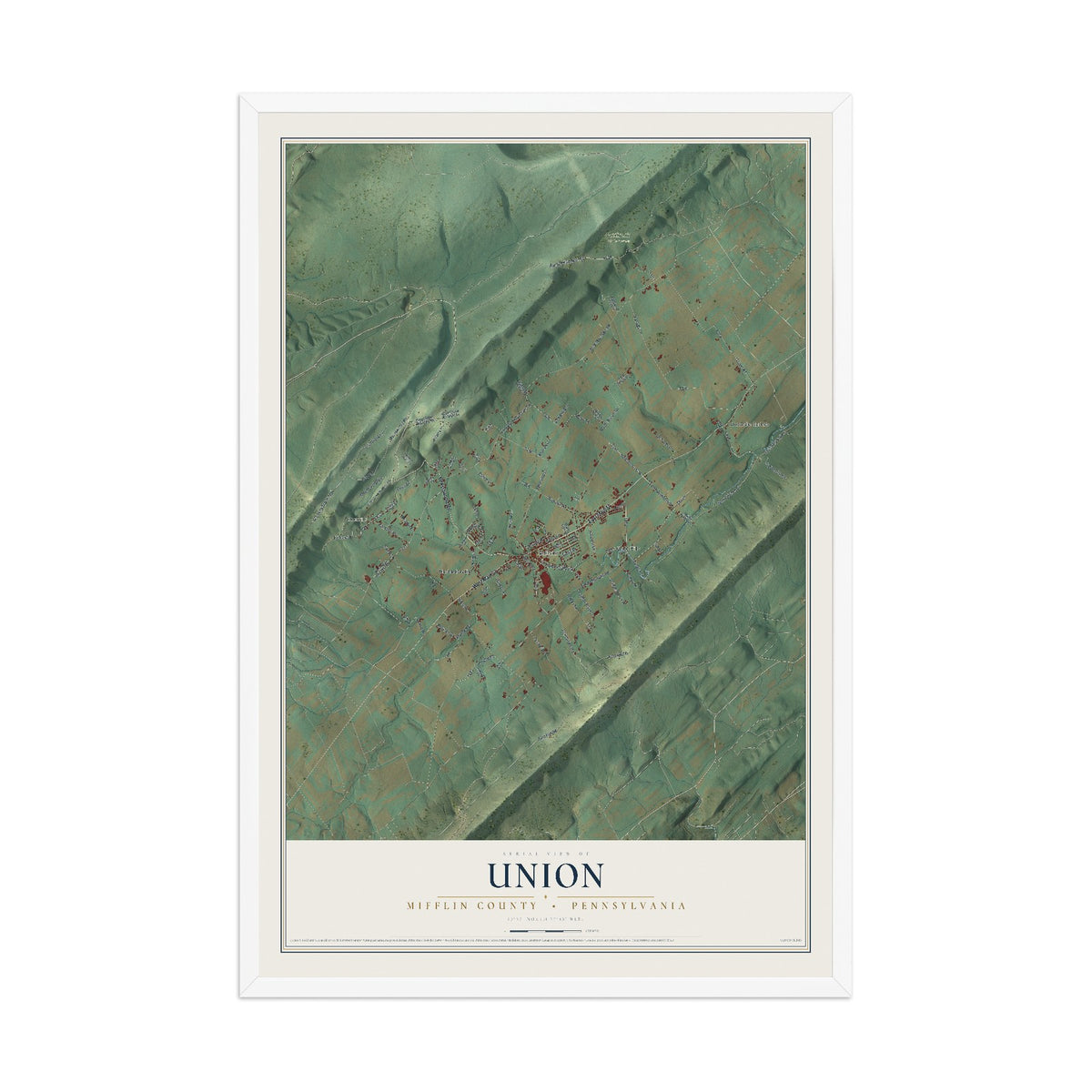 Map of Union, Mifflin County, Pennsylvania, 12 x 18 inch print in a white wood frame