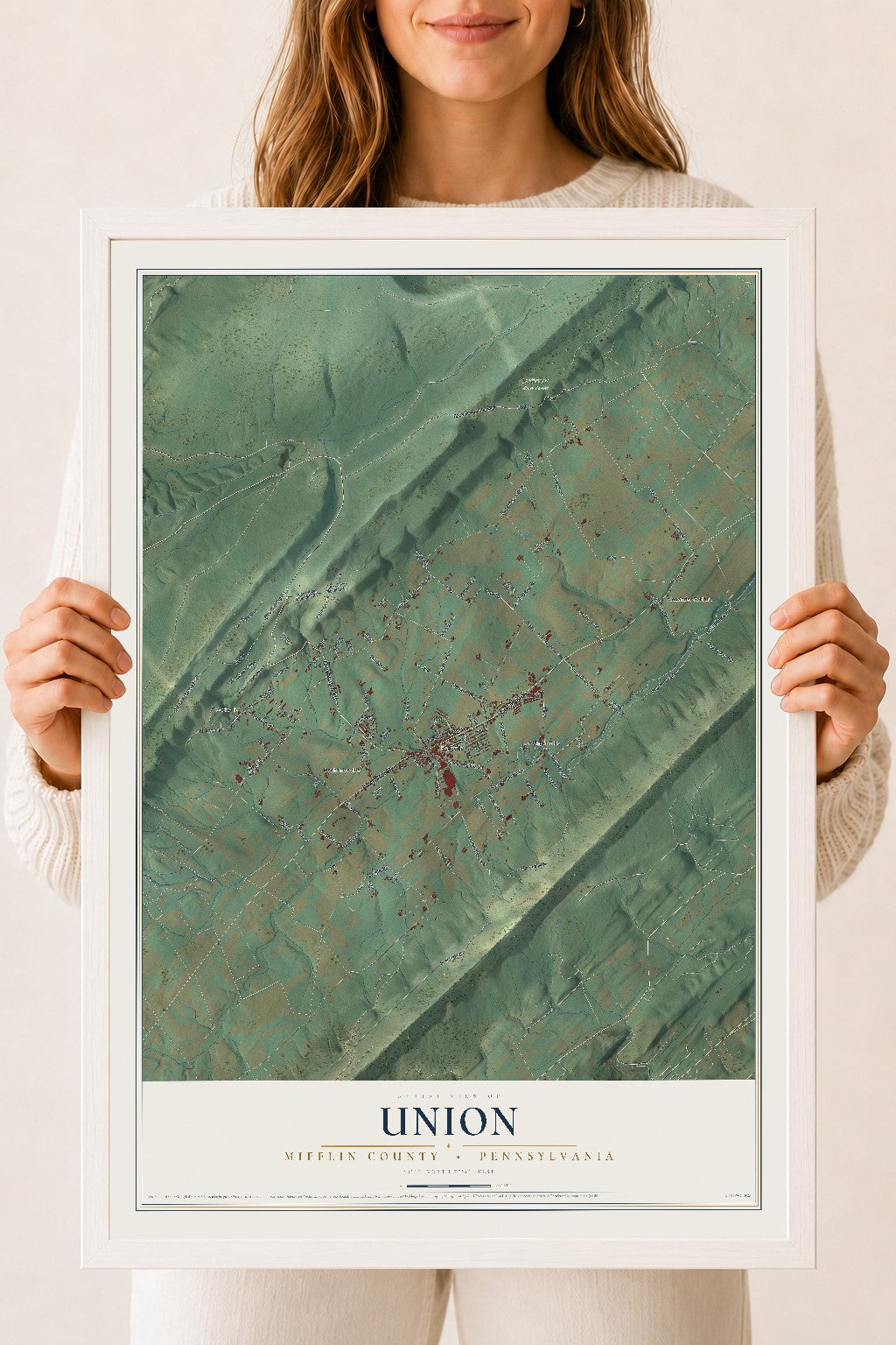 Map of Union, Mifflin County, Pennsylvania, 18 x 24 inch print in a white wood frame