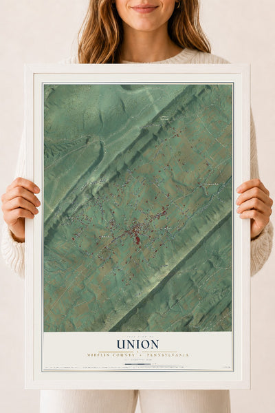 Map of Union, Mifflin County, Pennsylvania, 18 x 24 inch print in a white wood frame